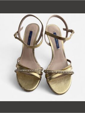 Stuart Weitzman Gold Rhinestone Ankle-Strap Heels